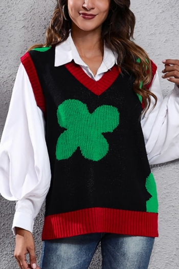 autumn new stylish loose slight stretch contrast color four-leaf clover knitted casual sweaters vest (vest only)