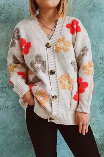 winter new flower jacquard slight stretch v-neck single-breasted pockets stylish sweater