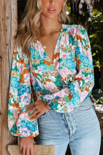 s-2xl plus size spring new inelastic floral batch printing v-neck lantern long sleeves stylish top
