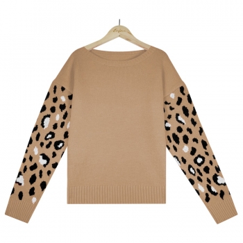 Winter new 4 colors leopard stitching slight stretch long-sleeve loose stylish knitted sweater
