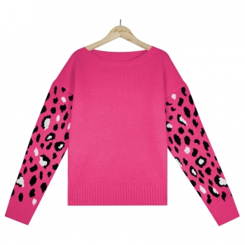 Winter new 4 colors leopard stitching slight stretch long-sleeve loose stylish knitted sweater