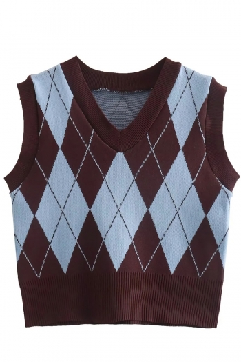 autumn new stylish 3-colors contrast color diamond knitted slight stretch loose casual sweater vest