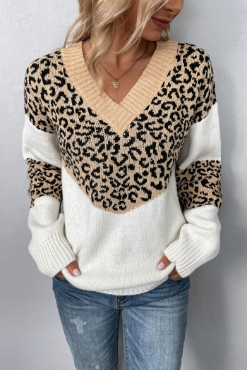 winter new 7 colors leopard contrast color knitted slight stretch v-neck stylish all-match sweater