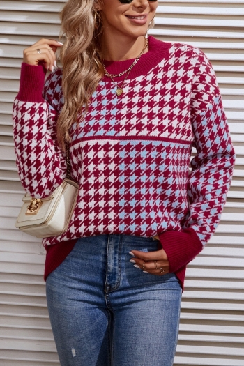 winter new two colors contrast color houndstooth knitted slight stretch stylish casual sweater
