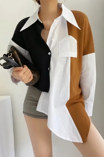 autumn new stylish 3 colors patchwork contrast color slight stretch pocket single breasted irregular loose high quality casual shirt