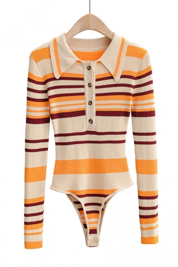 autumn new stylish contrast color stripe slight stretch slim single breasted knitted all-match bodysuit