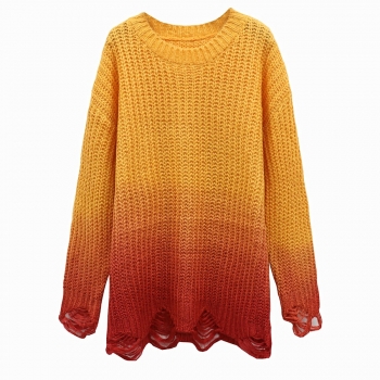 winter new gradient color knitted slight stretch long-sleeve ripped edge stylish high quality sweater(size run small)