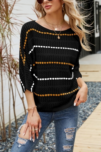 autumn & winter new stretch stripe knitted three quarter sleeves off-the-shoulder cutout stylish sweater