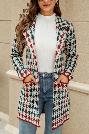 winter new stretch knitted houndstooth pattern pocket suit collar stylish mid length sweater