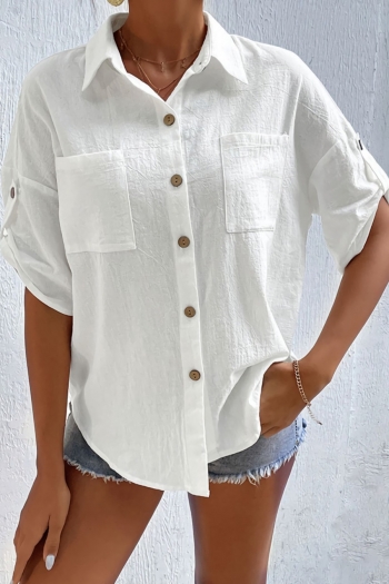 summer new 3 colors non-stretch half sleeve turndown collar single breasted pockets stylish casual blouse(only blouse)