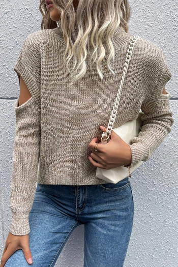 autumn & winter new solid color knitted slight stretch long sleeve high neck hollow stylish classic sweater
