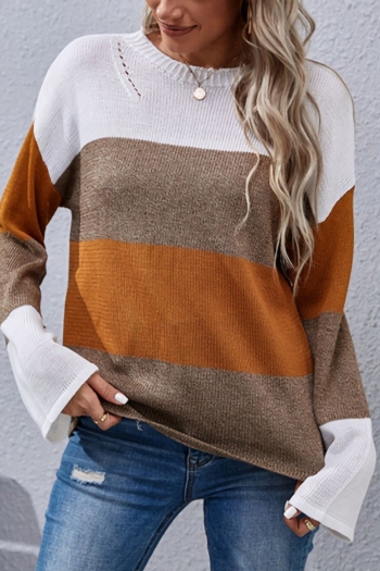 autumn & winter new contrast color knitted stretch hollow long sleeve crew neck loose stylish all-match sweater