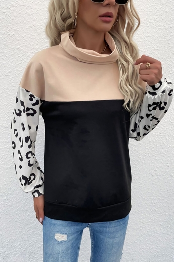 early autumn new contrast color leopard printing patchwork inelastic long sleeve high neck stylish casual sweatshirt