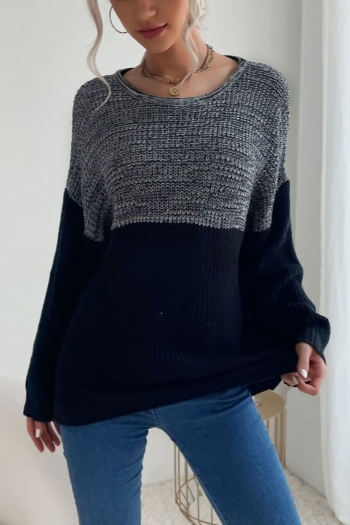 autumn & winter new knitted contrast color patchwork stretch long sleeve crew neck loose stylish casual sweater