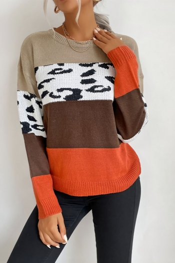autumn & winter new leopard color block patchwork stretch long sleeve crew neck loose stylish casual sweater