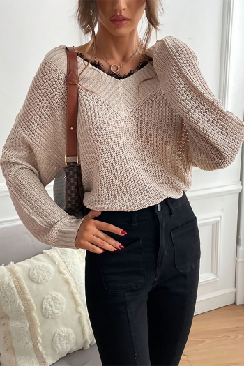 autumn & winter new 5 colors lace contrast color patchwork stretch long sleeve v-neck loose stylish all-match sweater