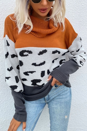 autumn & winter new 2 colors leopard contrast color patchwork stretch long sleeve high collar stylish street casual sweater