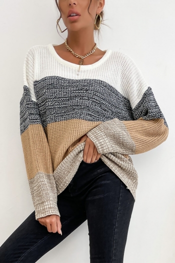 autumn & winter new contrast color patchwork stretch long sleeve crew neck loose stylish casual sweater
