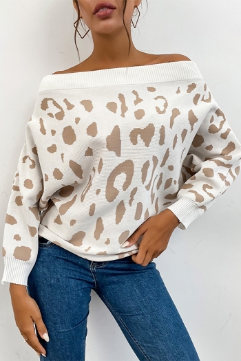 autumn & winter new leopard knitted stretch off-the-shoulder stylish causal sweater