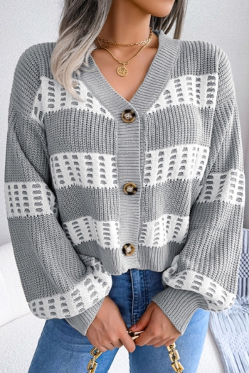 winter new 3 colors stripe knitted slight stretch v-neck single-breasted lantern-sleeve stylish casual sweater