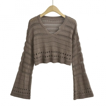 autumn new stylish solid color loose slight stretch knitted hollow exquisite thin sweater