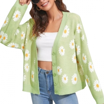 autumn & winter new two colors floral knitted slight v-neck single-breasted stylish all-match sweater