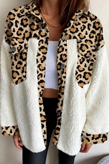winter new stylish leopard batch printing teddy fleece patchwork single breasted pocket non-stretch casual warm jacket