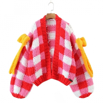 winter new stylish bow plaid contrast color slight stretch loose knitted high quality casual cardigan sweater