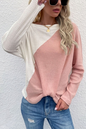 autumn & winter new knitted contrast color patchwork slight stretch long sleeve crew neck loose stylish casual sweater