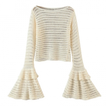 autumn new stylish solid color hollow slight stretch flared sleeve all-match knitted sweater