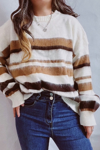 winter new two colors stripe knitted imitation mink plush slight stretch stylish sweater