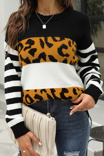 autumn new stylish 4 colors leopard patchwork contrast color slight stretch knitted casual sweater