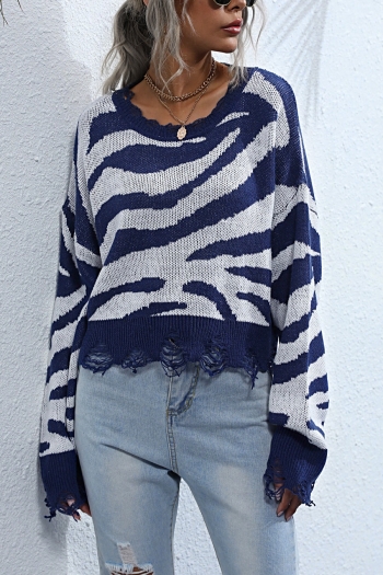 autumn new knitted zebra slight stretch long sleeve crew neck raw edge stylish casual sweater