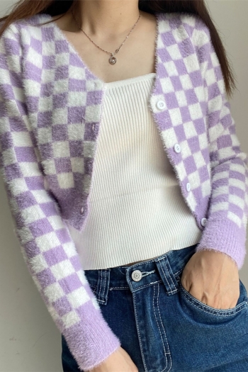 autumn & winter new 3 colors plaid knitted slight stretch v-neck single-breasted long sleeve stylish all-match sweater
