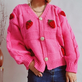 winter new 4 colors strawberry knitted slight stretch v-neck single-breasted stylish thick sweater