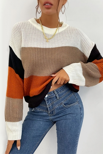 autumn & winter new contrast color patchwork slight stretch long sleeve crew neck stylish casual all-match sweater