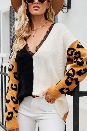 autumn new stylish leopard print knitted contrast color slight stretch loose lace patchwork v-neck casual sweater