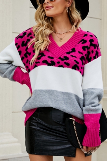autumn new stylish 4 colors leopard print contrast color loose slight stretch knitted casual sweater