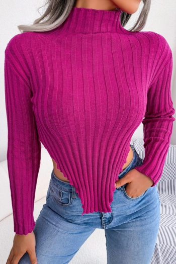 autumn new 3 colors slight stretch high-neck irregular stylish sexy crop knitted thin sweater