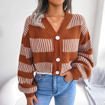 winter new 3 colors stripe knitted slight stretch lantern-sleeve single-breasted v-neck stylish all-match sweater