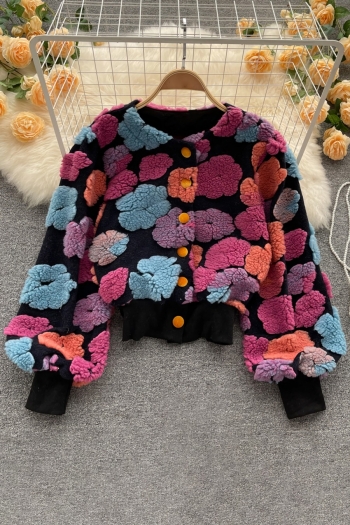 autumn new stylish flower decor crew neck long sleeve button slight stretch high quality casual outerwear