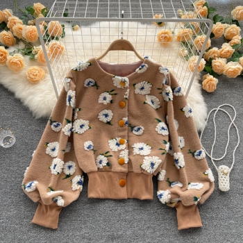autumn new stylish daisy flower decor crew neck long sleeve button slight stretch high quality casual outerwear