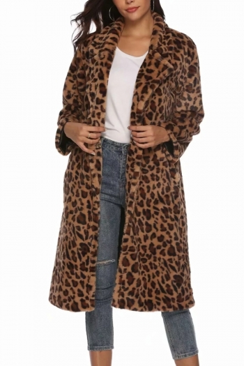 Winter new stylish leopard long sleeve button with pocket inelastic fur plus size casual long outerwear