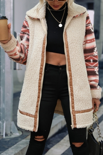 winter new digital printing stitching teddy fleece slight stretch turndown collar zip-up pockets stylish casual warm jacket