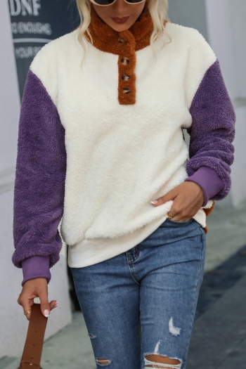 winter new contrast color stitching teddy fleece slight stretch button stylish casual warm sweatshirt