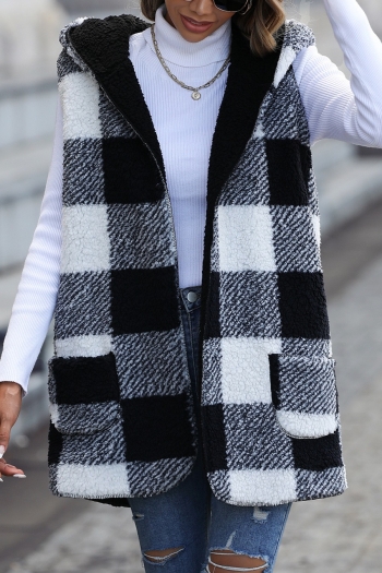 autumn & winter new plaid printing teddy fleece slight stretch hooded sleeveless pockets stylish all-match jacket(wearable inside and out)