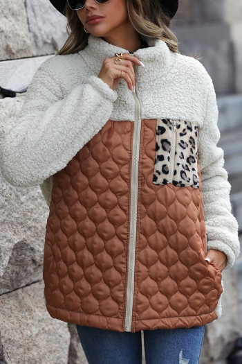 winter new leopard contrast color stitching teddy fleece slight stretch zip-up pocket stylish warm jacket