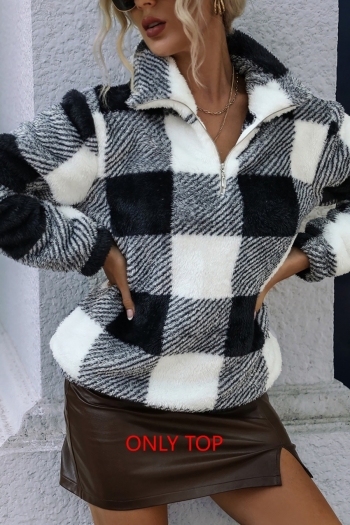 winter new 3 colors plaid printing teddy fleece slight stretch zip-up pockets stylish warm sweatshirt(only sweatshirt)