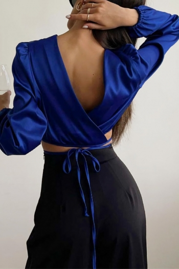 autumn new stylish three colors solid color crew neck backless lace-up inelastic satin exquisite top