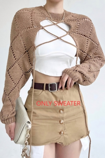 autumn & winter new 4 colors stretch knitted hollow lace-up long sleeves slim sexy crop sweater